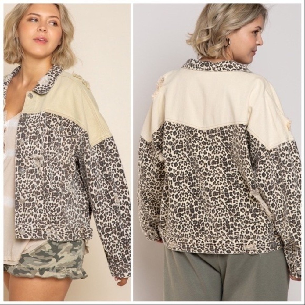 POL Leopard Print Distressed Denim Jacket‎ Tan Colorblock Oversized S Western - Picture 2 of 8